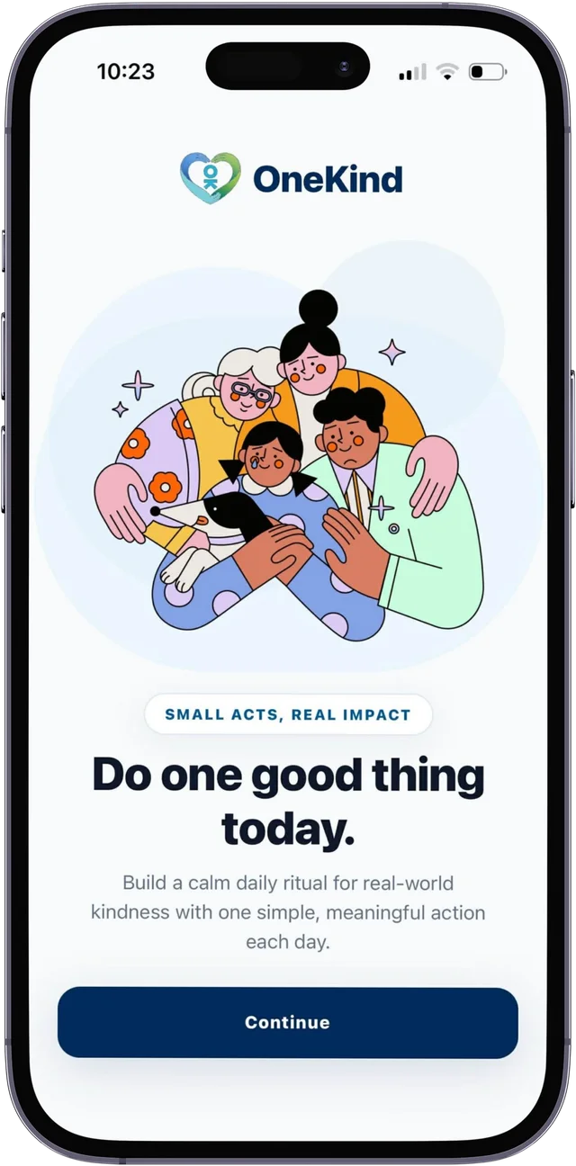 OneKind welcome screen: do one good thing today